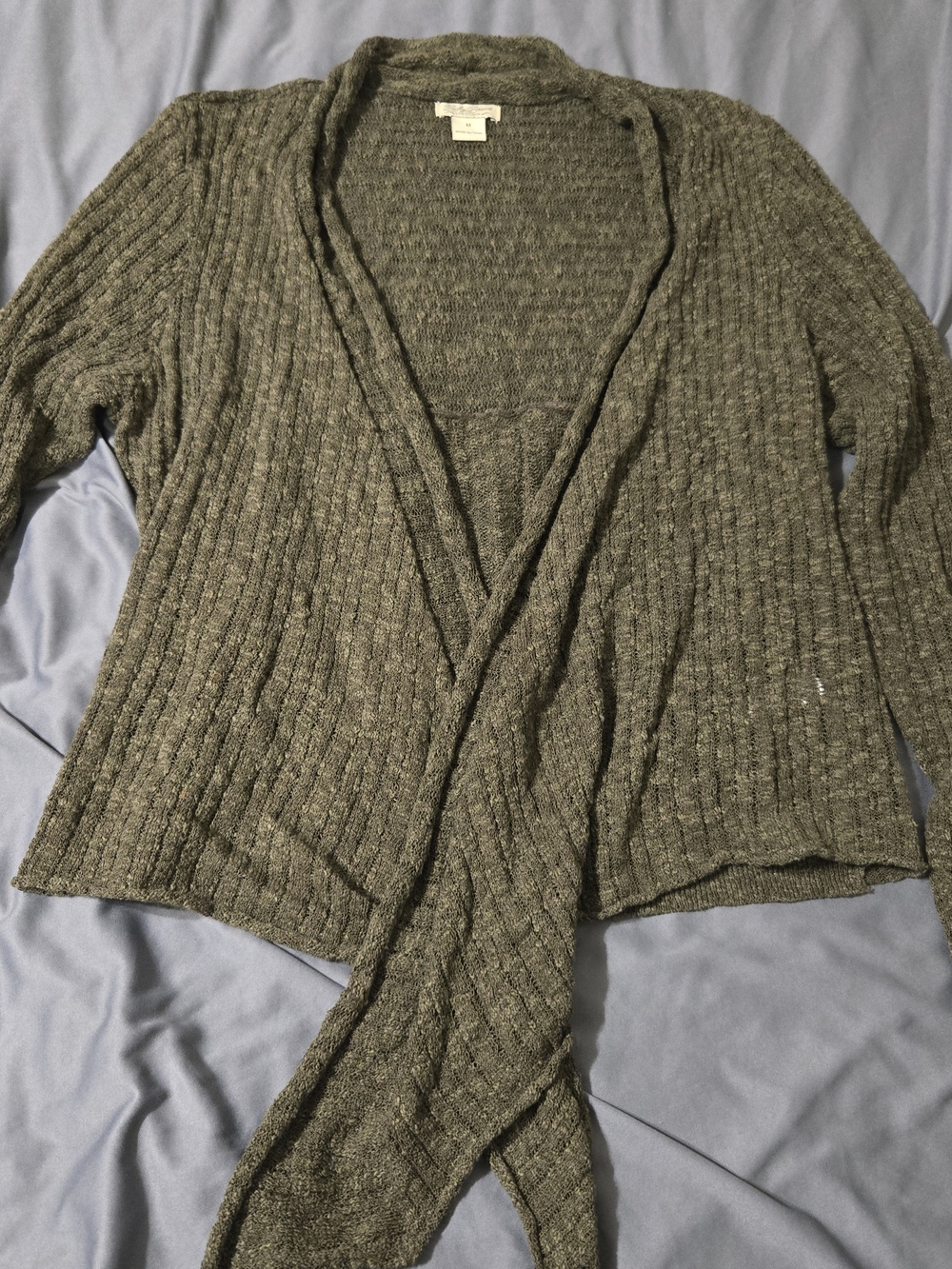 Lucky Brand Sweater Womens Medium Open Front Duster Olive Green Cardigan Wrap